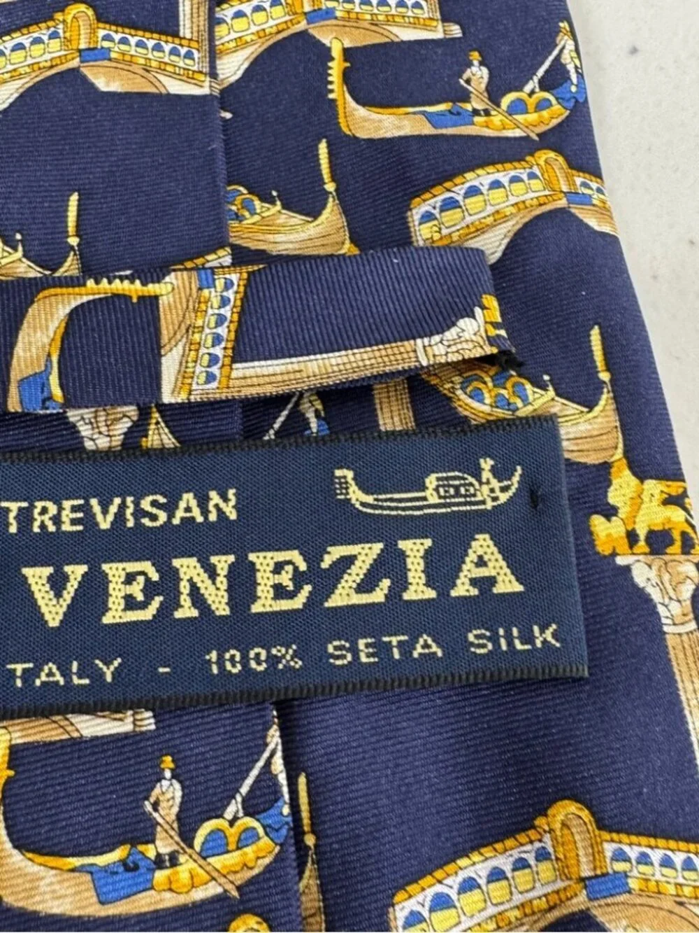 Trevisan Venezia Silk Elegant Navy and Gold Mens Tie Gondola Print Made in Italy